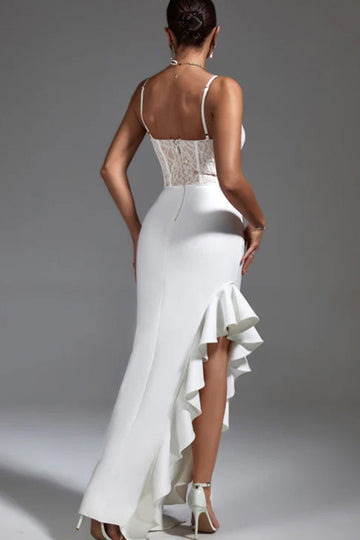 White Sheath Corset Ruffled Long Formal Dress with Lace